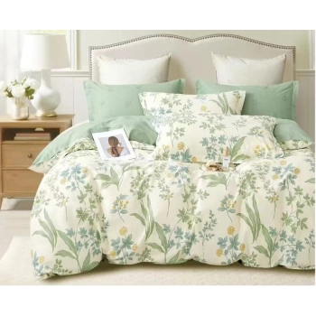 Pościel bawełna 100% 160x200 kremowa zielone kwiaty  PB588